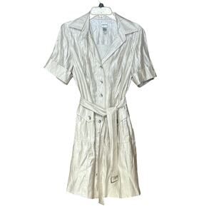 Chico’s short sleeve button front dress shiny chic pockets belted office size 10